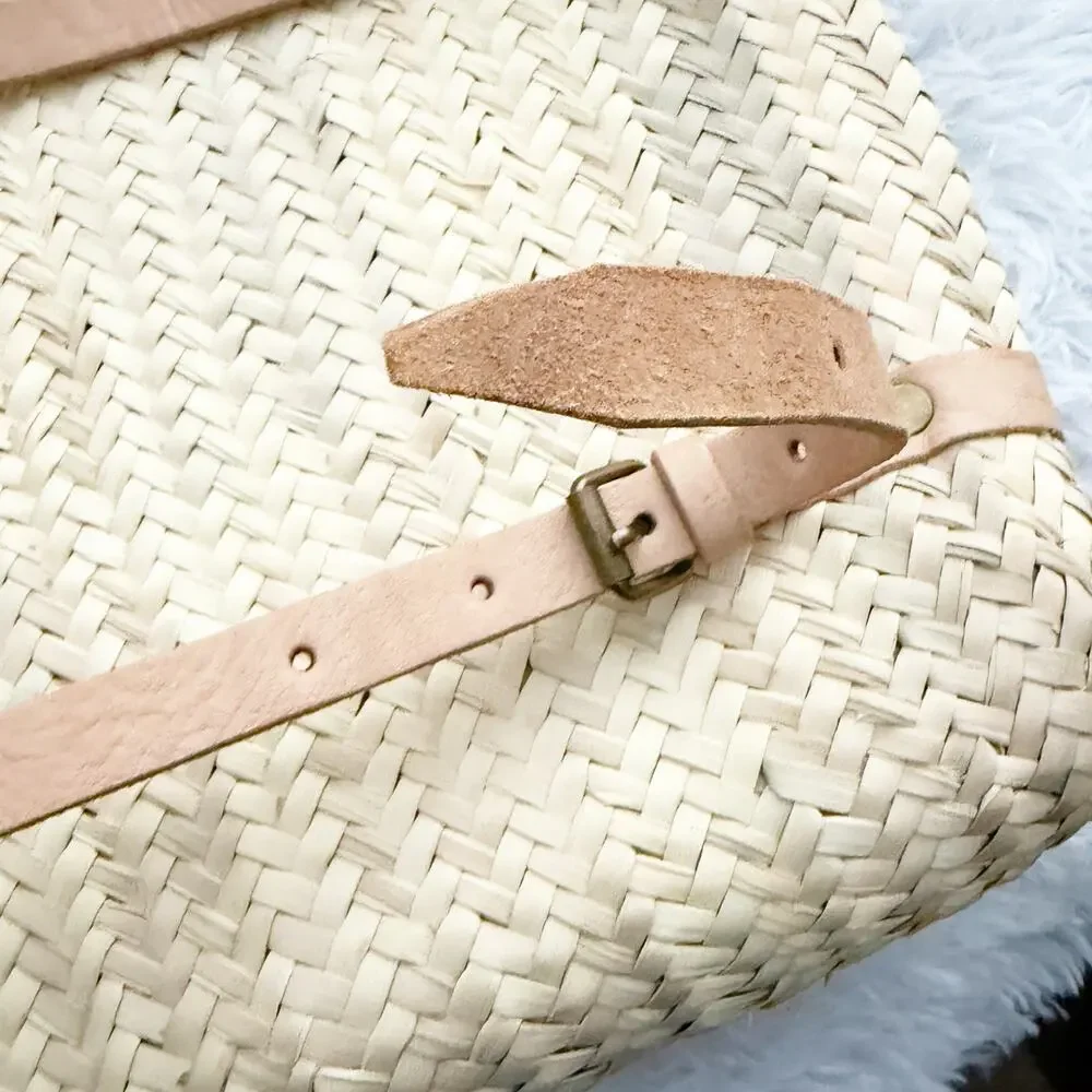 BOUTIQUE | Rattan Woven Wicker Basket Style Backpack Tote Bag Leather Straps - Picture 6 of 7